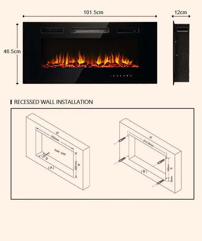 100cm Electric Fireplace Heater Wall Recessed Mounted  900/1800W 5 FlameI