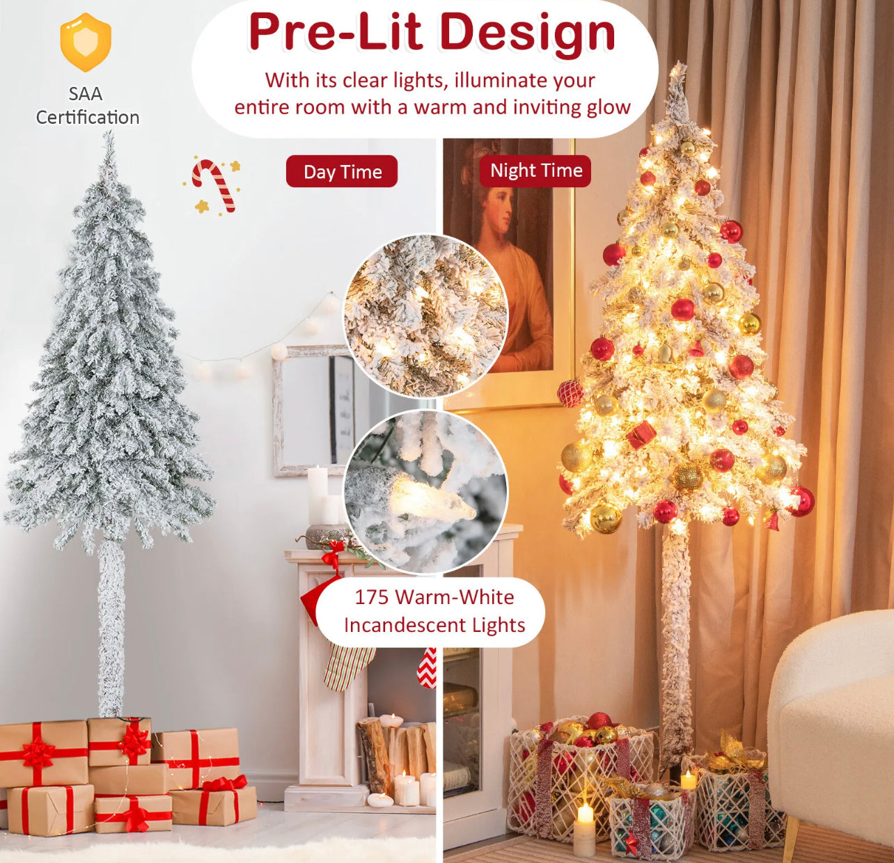 1.85M Pre-Lit Snow Flocked Christmas Tree Replaceable Incandescent Lights Decor