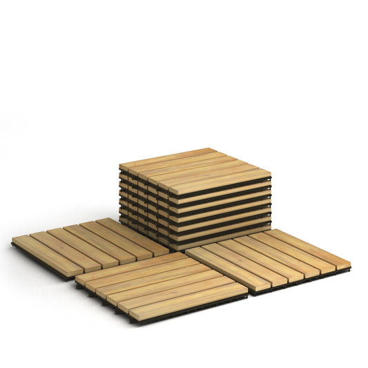 10PCS Interlocking Acacia Wood Pavers Stripe Pattern 30 x 30cm Patio Deck Tiles