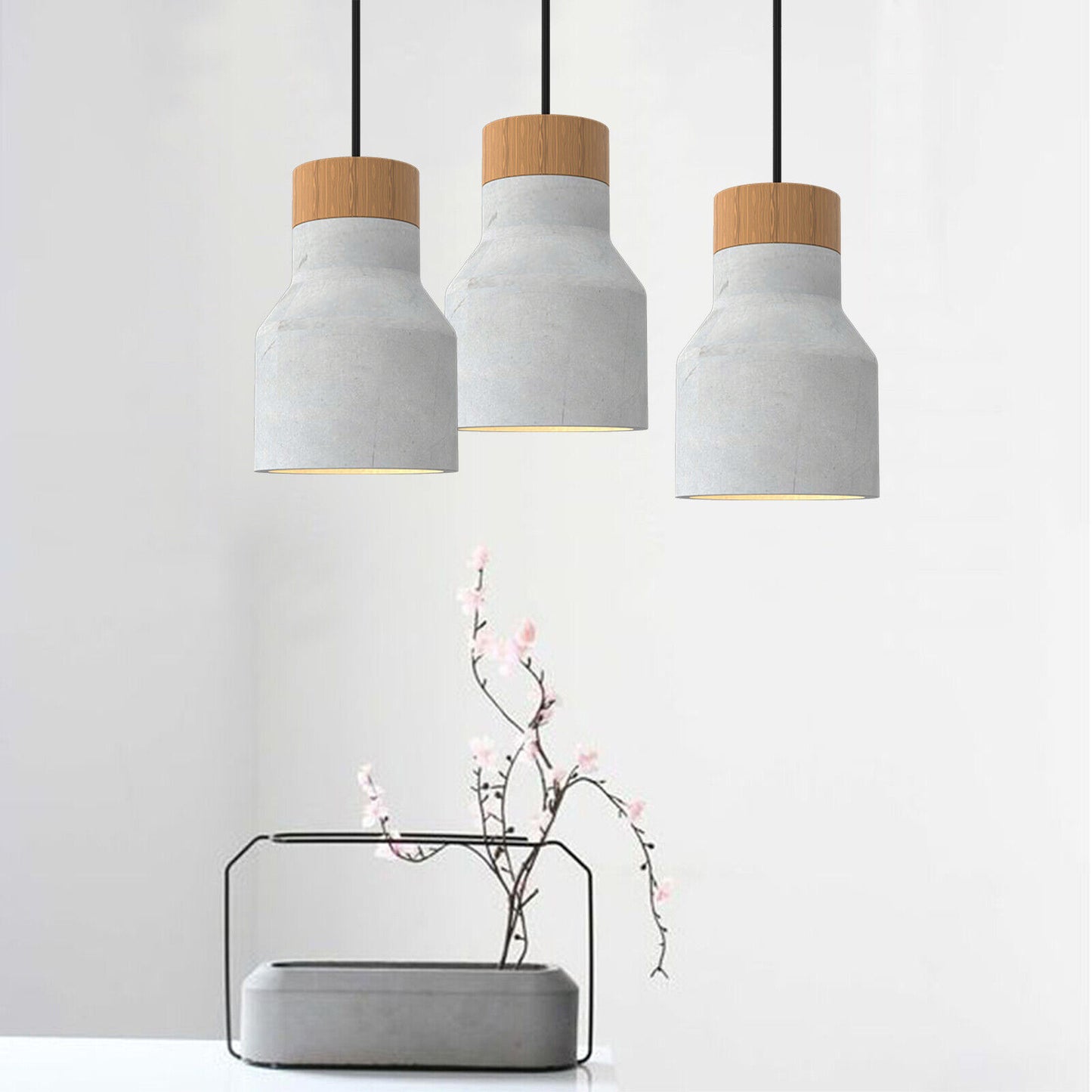 1-Light Wood Top Modern Chandelier Ceiling Lamp Pendant Light Concrete