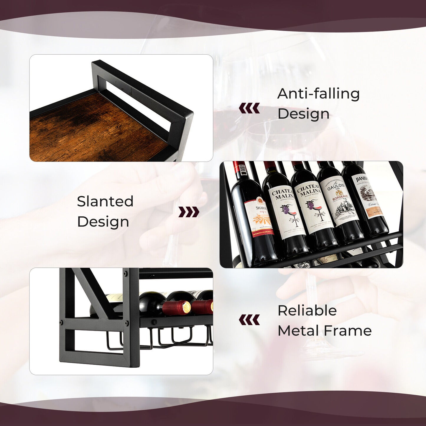 10 Bottles Display Holder W/ Glass Holder Wall Mounted Rustic Wine Rack