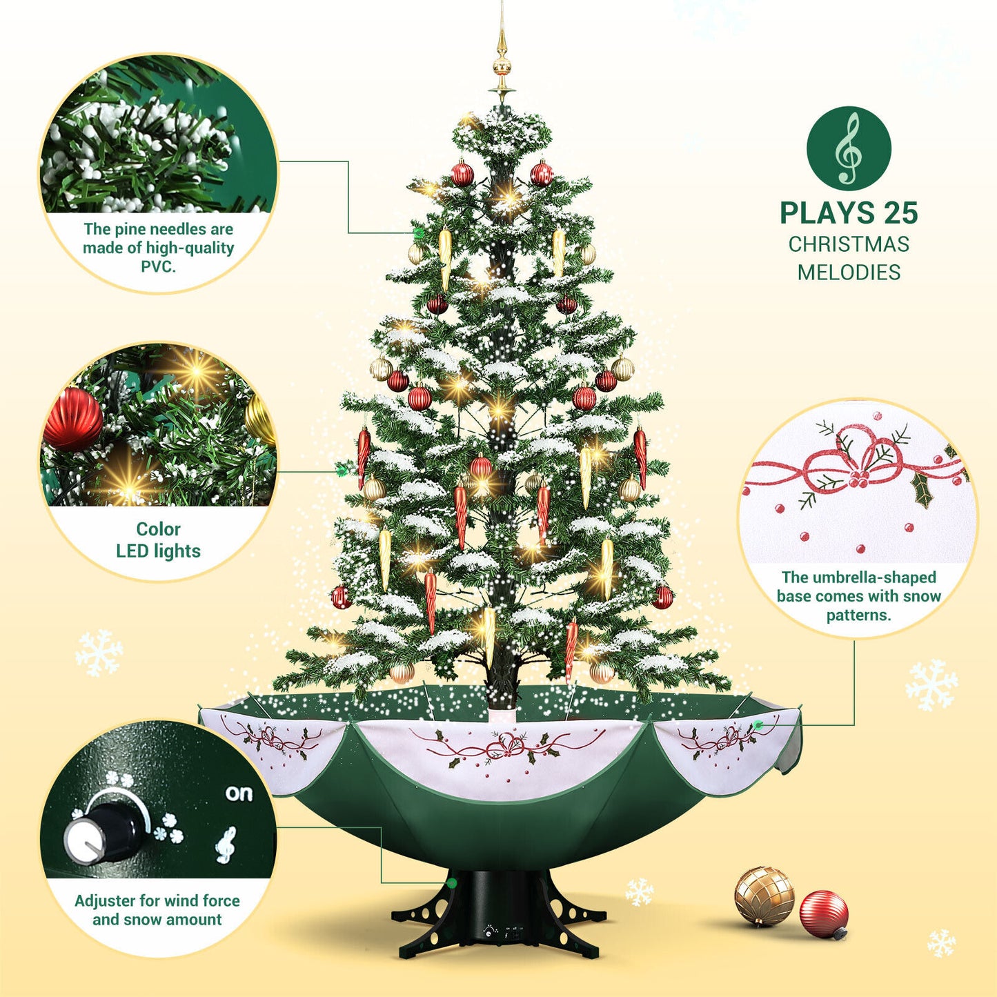 1.4M Snowing Christmas Tree w/LED Light Umbrella Base Tree Music Home Yard Xmas Decor