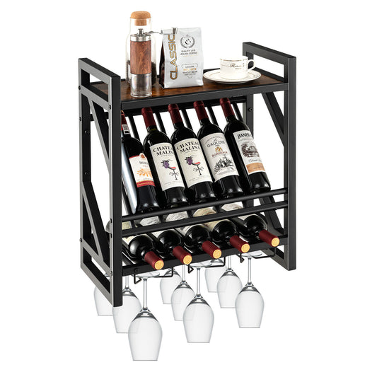 10 Bottles Display Holder W/ Glass Holder Wall Mounted Rustic Wine Rack