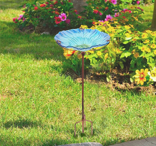 12” Large Glass Bird Bath Outdoor Garden Bird Bath Birdfeeder Bowl Floor Stand
