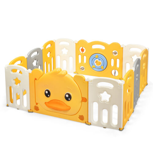 12-Panel Kids Safety Fence w/ Yellow Duck Pattern Baby Playpen Play